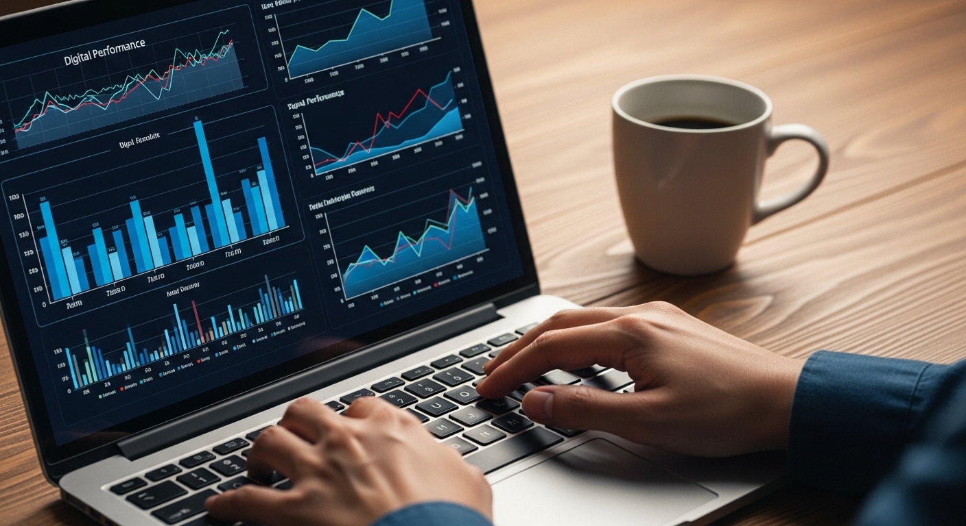 Màn hình laptop hiển thị biểu đồ hiệu suất digital sắc nét, tay đang gõ bàn phím, phân tích dữ liệu để kiếm tiền trên TikTok hiệu quả. Cạnh đó là cốc cà phê trên bàn gỗ.