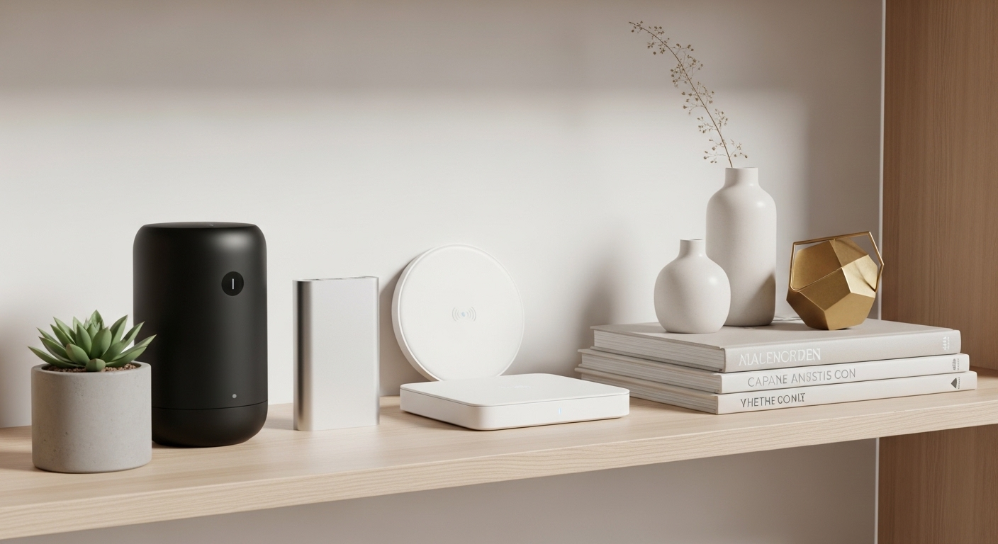 Kệ tối giản trưng bày đồ công nghệ và vật dụng decor hiện đại được chiếu sáng tinh tế, gợi ý các sản phẩm tiềm năng để kiếm tiền trên TikTok Shop.