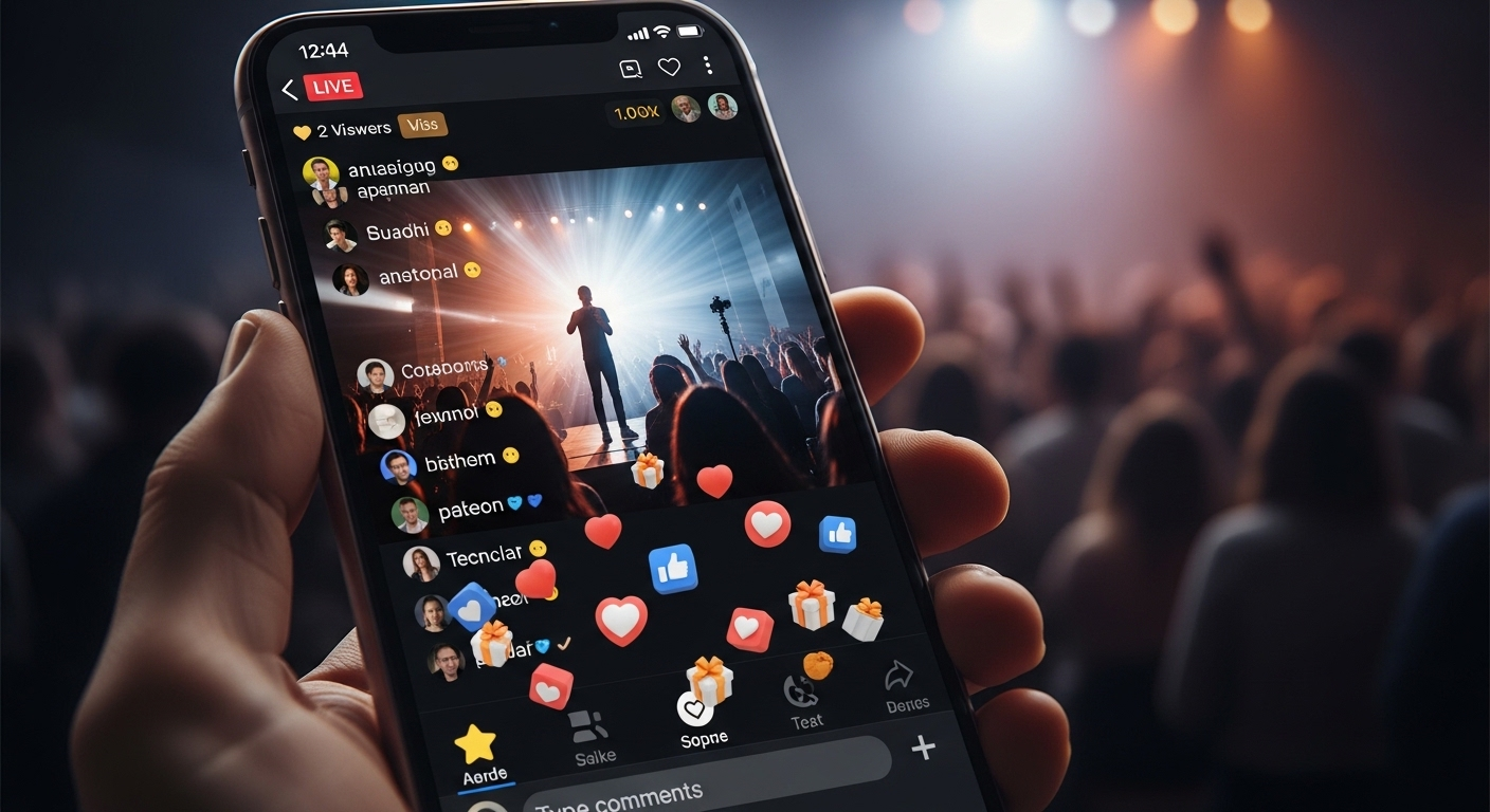 Màn hình điện thoại hiển thị livestream sôi động trên TikTok với vô số bình luận chat và biểu tượng quà tặng, minh họa rõ ràng cách kiếm tiền trên TikTok qua tương tác trực tuyến.