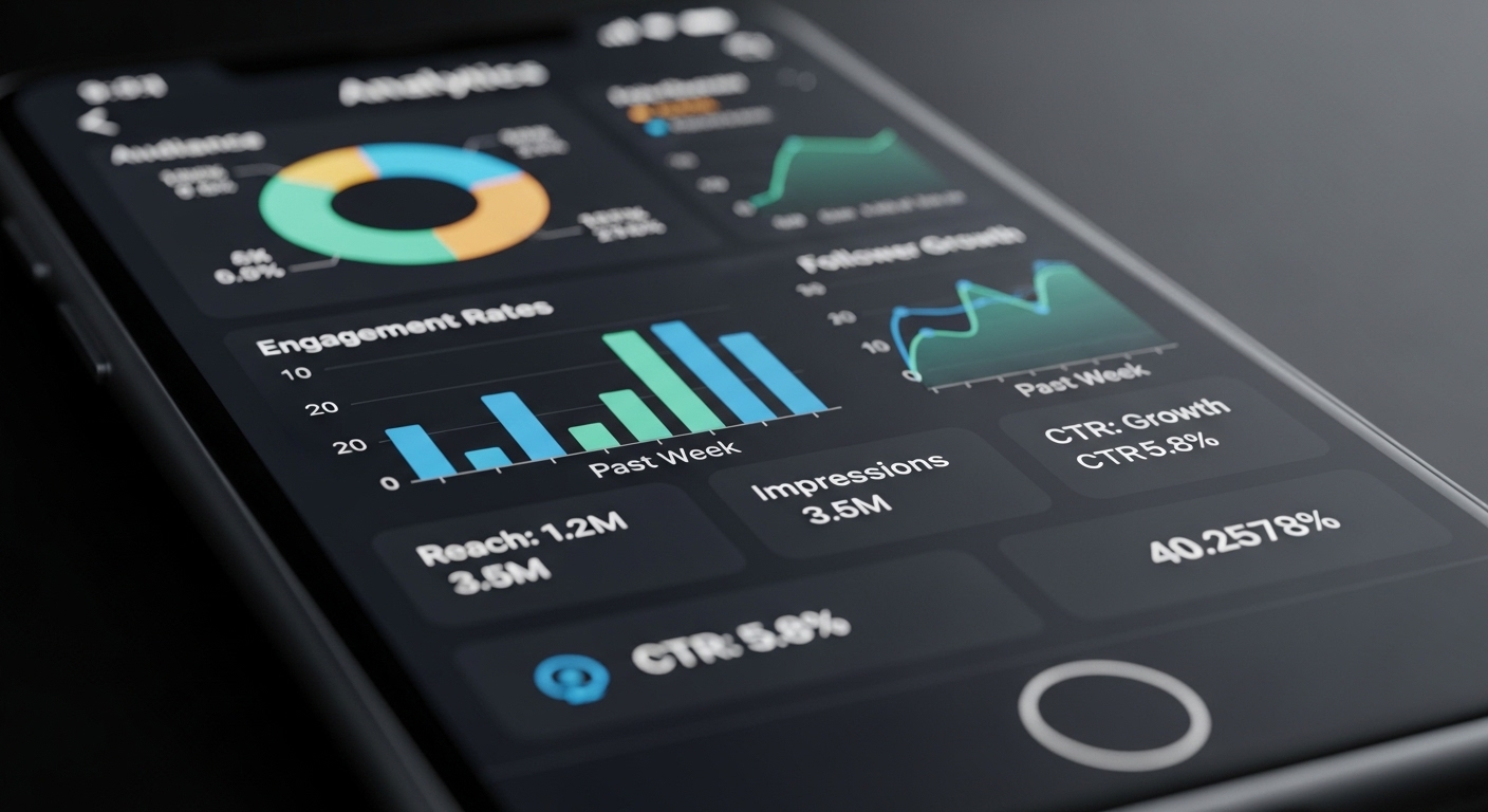 Màn hình smartphone hiển thị dashboard phân tích hiệu suất mạng xã hội với biểu đồ và số liệu chi tiết, cung cấp thông tin cần thiết để tối ưu Cách bật kiếm tiền trên Tiktok.