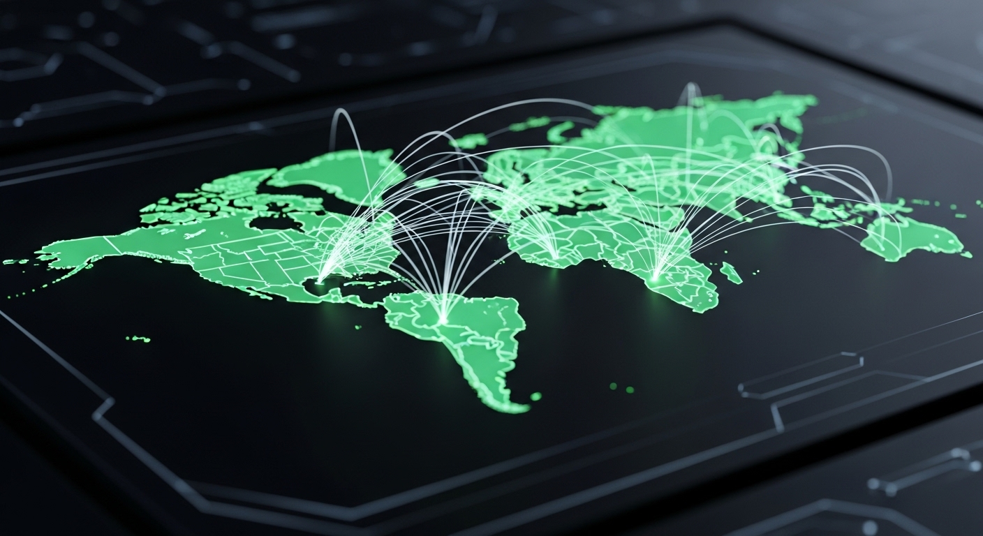 Bản đồ kỹ thuật số nổi bật Hoa Kỳ, Anh, Đức, Pháp, Tây Ban Nha, Ý với ánh sáng xanh và luồng dữ liệu. Hình ảnh biểu thị tiềm năng kết nối và kiếm tiền trên TikTok toàn cầu.