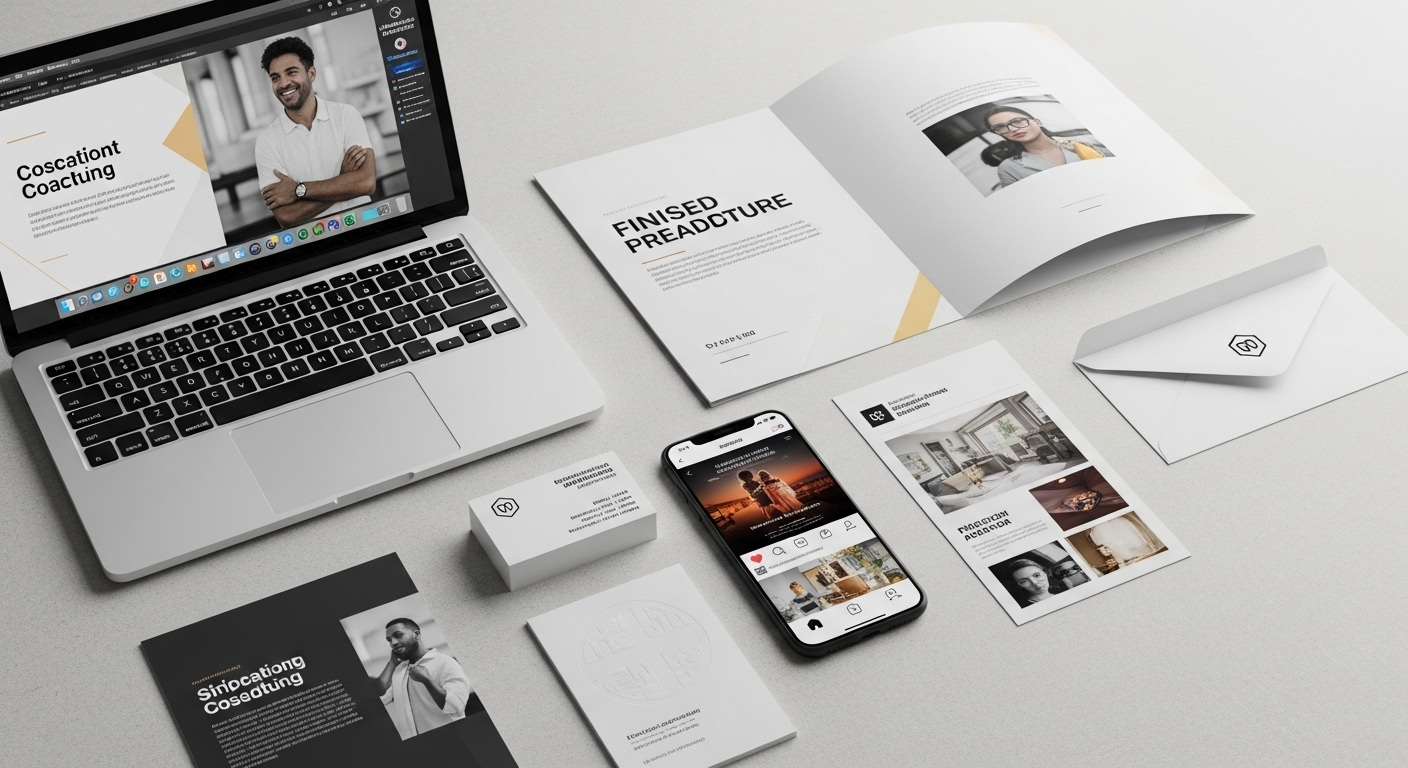 bài đăng mạng xã hội trên điện thoại, slide thuyết trình trên laptop và tài liệu in ấn. Minh họa kết quả từ hướng dẫn thiết kế Canva.