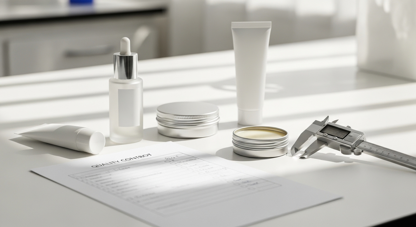 Sản phẩm mỹ phẩm được kiểm tra chất lượng tỉ mỉ trên bàn trắng, minh họa tầm quan trọng của việc chọn nguồn hàng đáng tin cậy khi tìm nguồn hàng TikTok Shop.