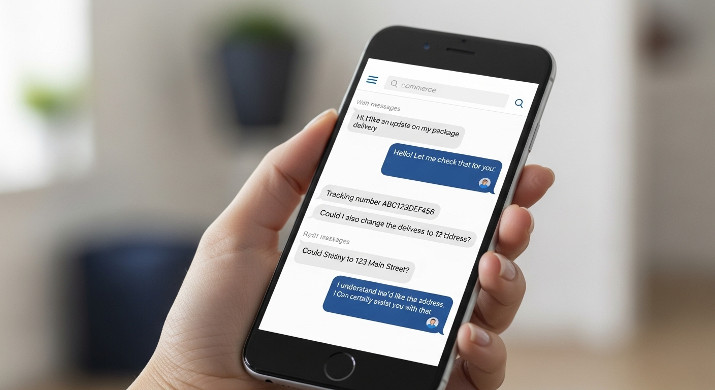 Tay cầm điện thoại hiển thị giao diện chat hỗ trợ khách hàng trên ứng dụng thương mại điện tử, giúp bạn dễ dàng thay đổi địa chỉ giao hàng trên Lazada.