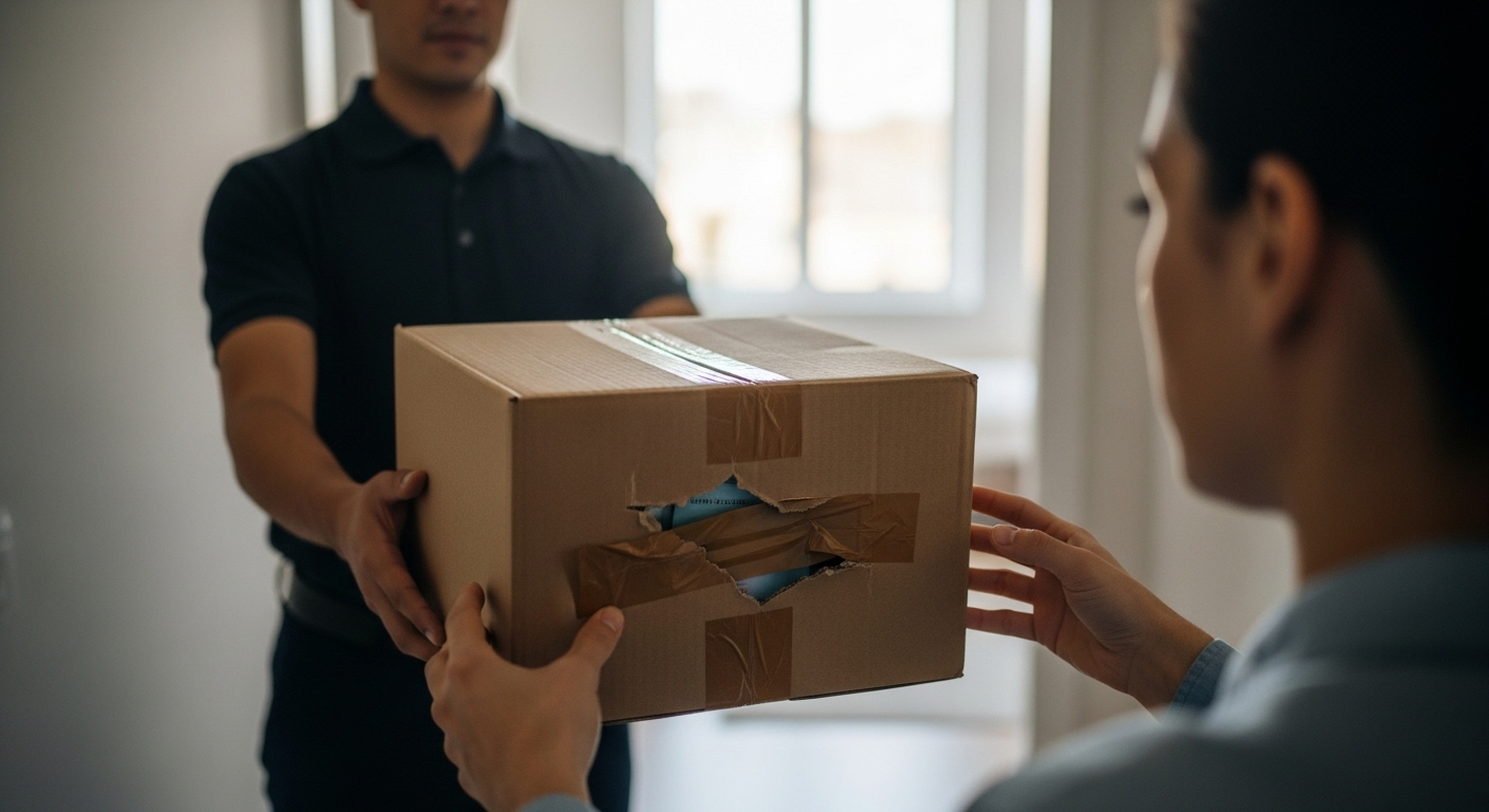 Người giao hàng Lazada đưa gói hàng bị rách, móp méo cho khách. Khách hàng đang kiểm tra tình trạng, băn khoăn Lazada có cho kiểm tra hàng trước khi nhận không.