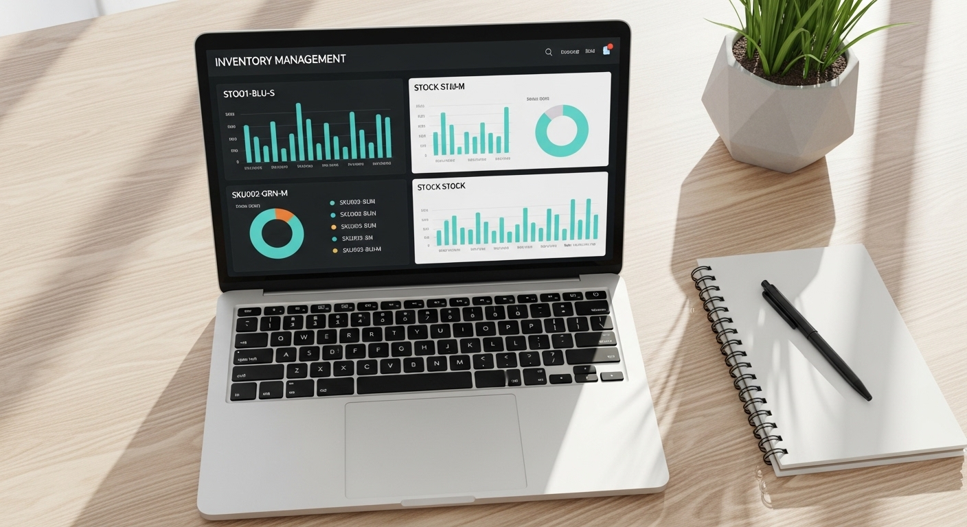 Laptop trên bàn làm việc hiển thị bảng điều khiển quản lý kho hàng, với biểu đồ trực quan về hiệu suất và mức tồn kho của SKU sản phẩm Shopee.