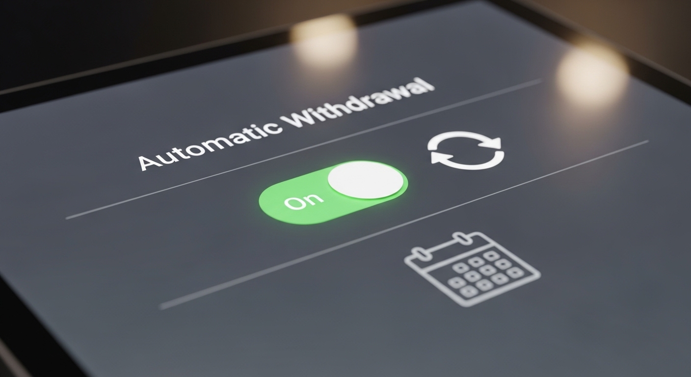 Giao diện máy tính bảng hiển thị cài đặt rút tiền tự động đang BẬT, kèm biểu tượng giao dịch định kỳ. Minh họa cách rút tiền TikTok Shop tự động, giúp bạn quản lý dòng tiền hiệu quả.