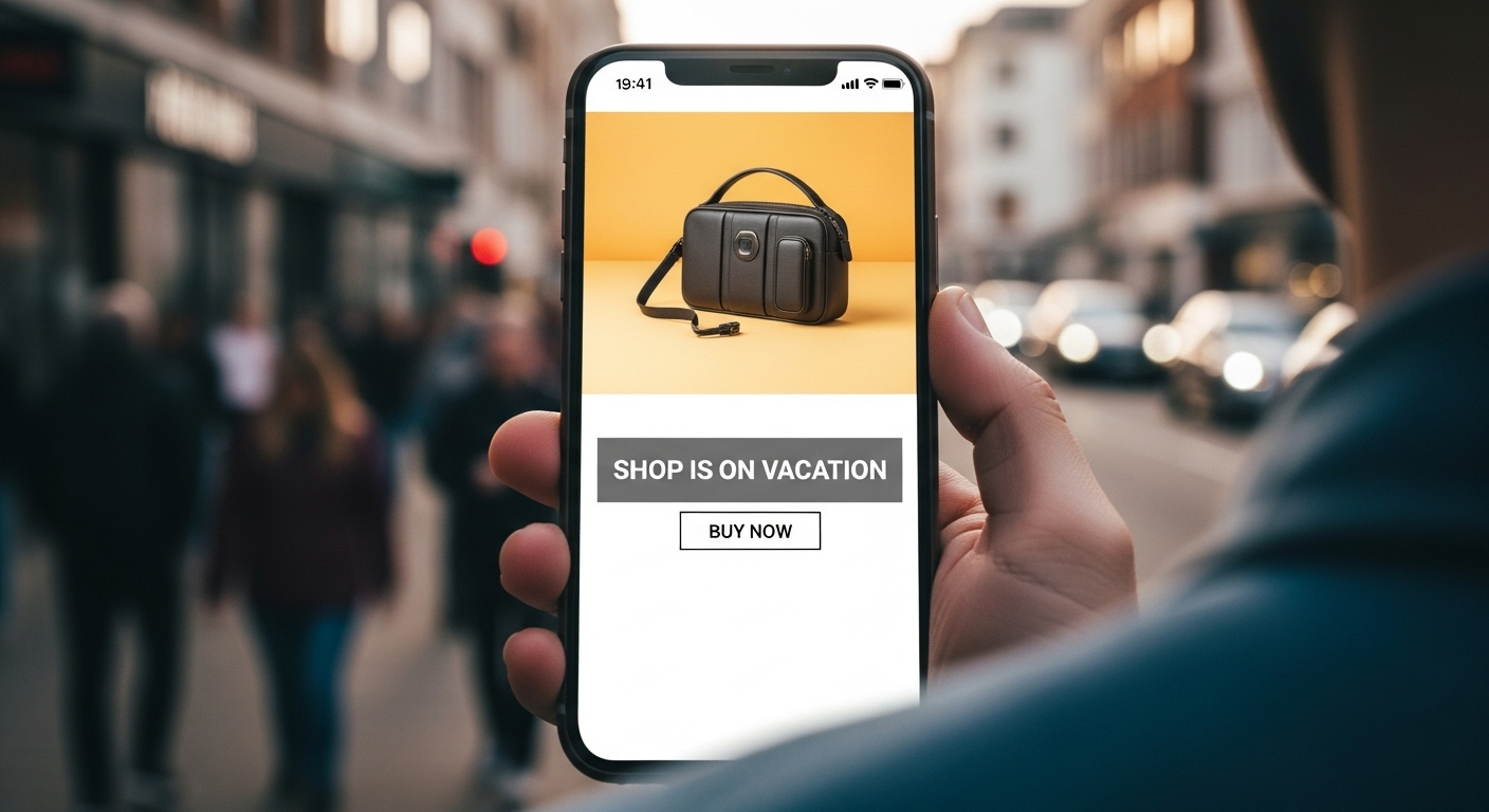 Màn hình điện thoại hiển thị trang sản phẩm Shopee đang ở chế độ tạm nghỉ Shopee, với thông báo 