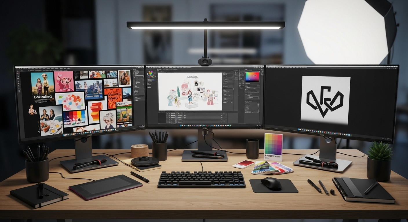 Bàn làm việc chuyên nghiệp của nhà thiết kế đồ họa với ba màn hình hiển thị các giai đoạn dự án branding từ mood board đến logo hoàn chỉnh. Hình ảnh minh họa chân thực một trong các vị trí trong ngành Marketing đòi hỏi sự sáng tạo và kỹ năng chuyên môn cao.