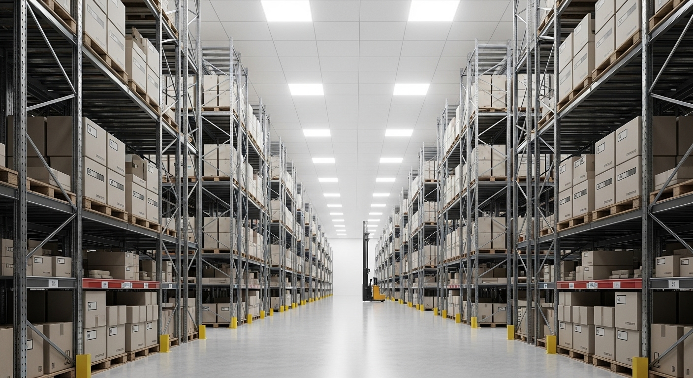 Kho hàng thương mại điện tử được tổ chức hiệu quả với các kệ cao chứa đầy hộp sản phẩm, minh họa quy trình lưu trữ và logistics, một yếu tố quan trọng trong việc tìm hiểu Lazada thu phí người bán như thế nào.