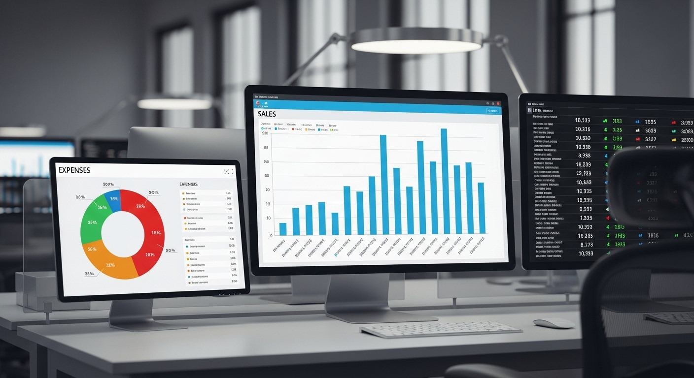 Không gian làm việc hiện đại với nhiều màn hình hiển thị biểu đồ tài chính, phân tích doanh số, chi phí và dữ liệu kinh doanh quan trọng, có thể bao gồm cả phí dịch vụ Shopee.