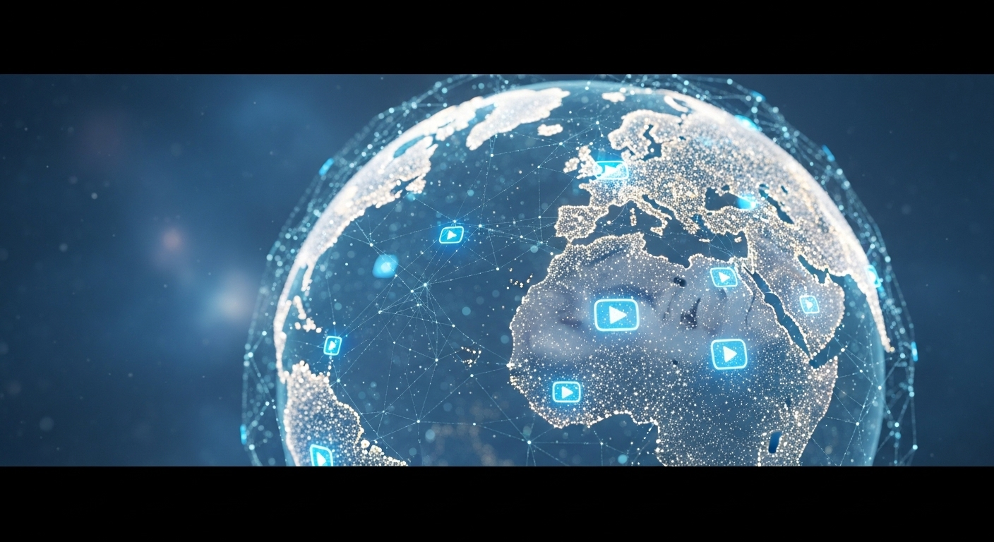 Hình ảnh quả địa cầu kỹ thuật số phát sáng với các đường kết nối và biểu tượng phát video, minh họa tiềm năng kiếm tiền trên TikTok và lan tỏa nội dung số toàn cầu.