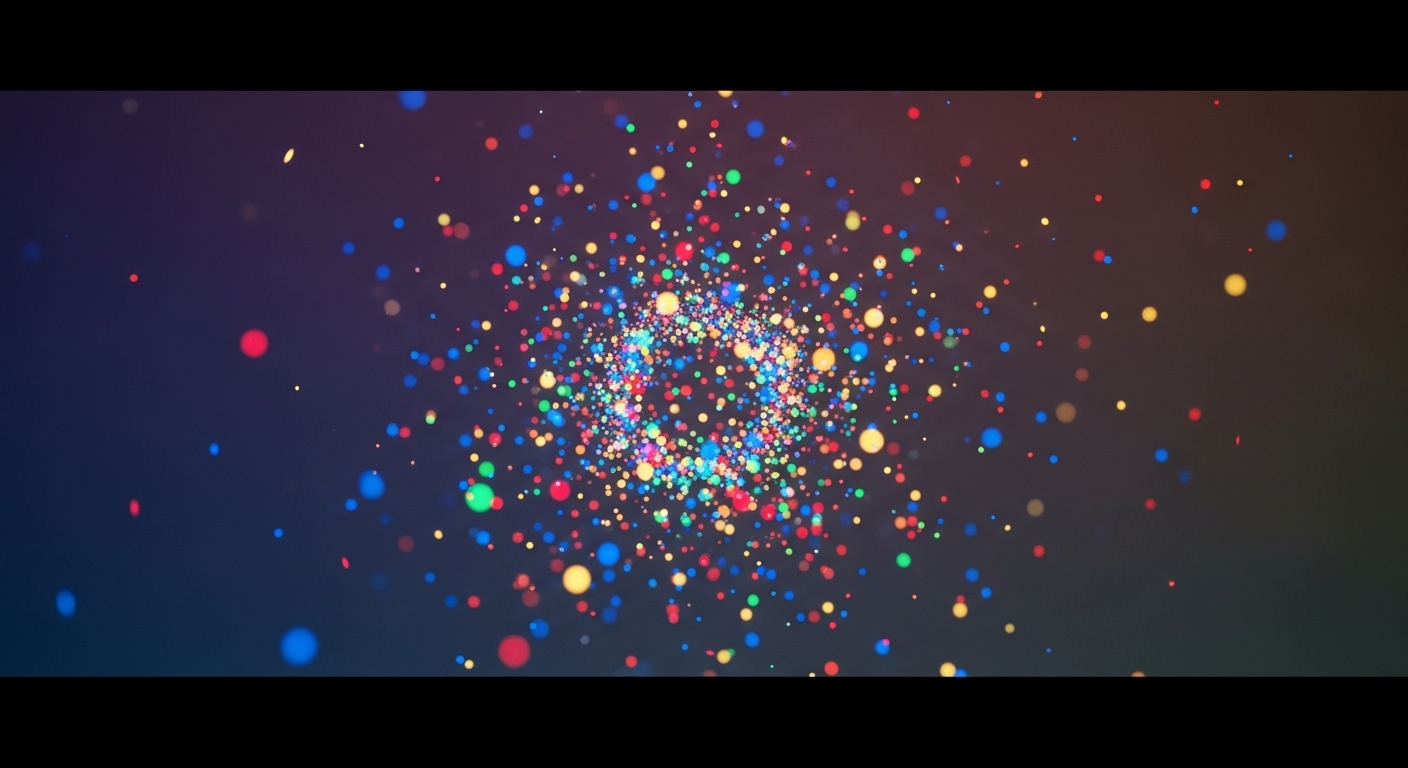 Hình ảnh trừu tượng các hạt ánh sáng màu sắc xoáy động, tượng trưng cho tương tác cộng đồng sôi nổi và cách kiếm tiền từ Tiktok cho người mới.