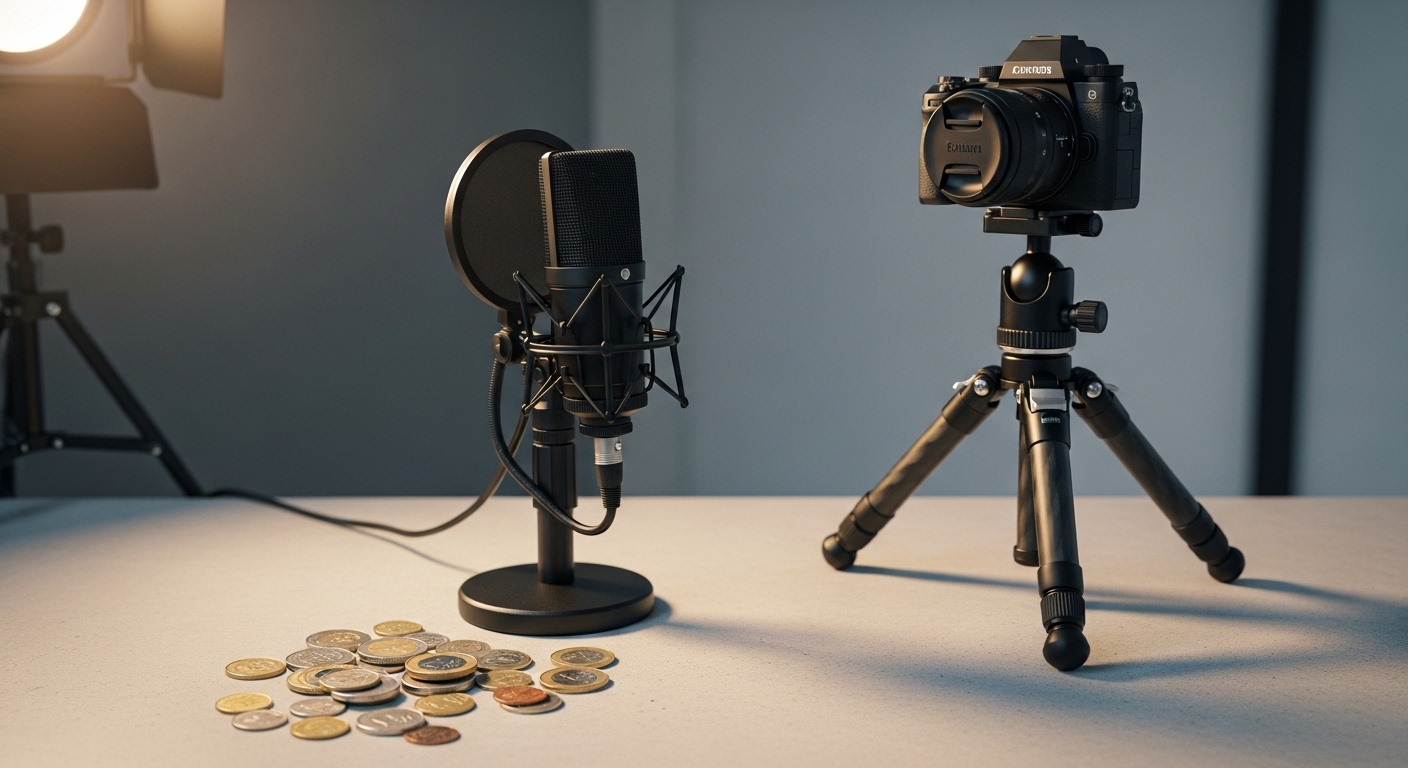 Thiết lập studio chuyên nghiệp gồm chân máy ảnh hiện đại và micro condenser trên bàn tối giản, cùng các đồng xu quốc tế rải rác, minh họa tiềm năng thu nhập từ việc sáng tạo nội dung và cách bật kiếm tiền trên TikTok.