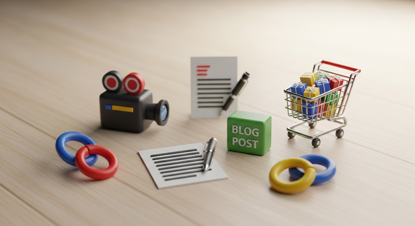 Các biểu tượng 3D rực rỡ tượng trưng cho các khái niệm kinh doanh trực tuyến như thương mại điện tử, video, blog và liên kết, giúp người xem hiểu rõ hơn MMO là gì và cách kiếm tiền online hiệu quả.