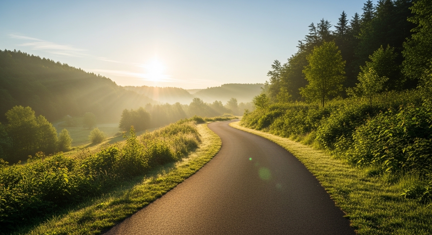 Con đường lát đá uốn lượn qua cảnh quan xanh tươi dưới nắng ban mai, tượng trưng cho hành trình khám phá và tìm hiểu sâu hơn về MMO là gì.