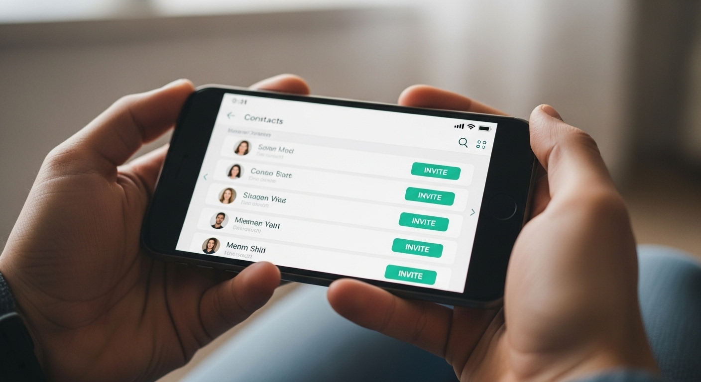 Bàn tay cầm smartphone hiển thị giao diện ứng dụng mạng xã hội với nút 'Mời' bạn bè, minh họa các bước trong cách mời bạn bè thích trang Fanpage.