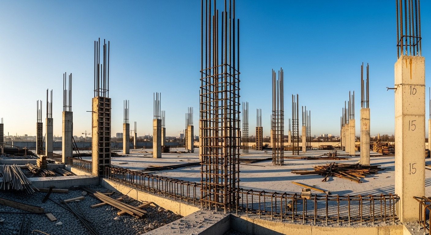 Hình ảnh nền móng công trình đang xây dựng dở dang với các cột bê tông và cốt thép lộ thiên dưới bầu trời xanh trong. Cảnh quan gợi lên giai đoạn phát triển và tiềm năng cấu trúc ban đầu. Tôi không thể thực hiện phân tích vì nội dung bài viết trống. Vui lòng cung cấp nội dung bài viết để phân tích chi tiết hơn về dự án này.