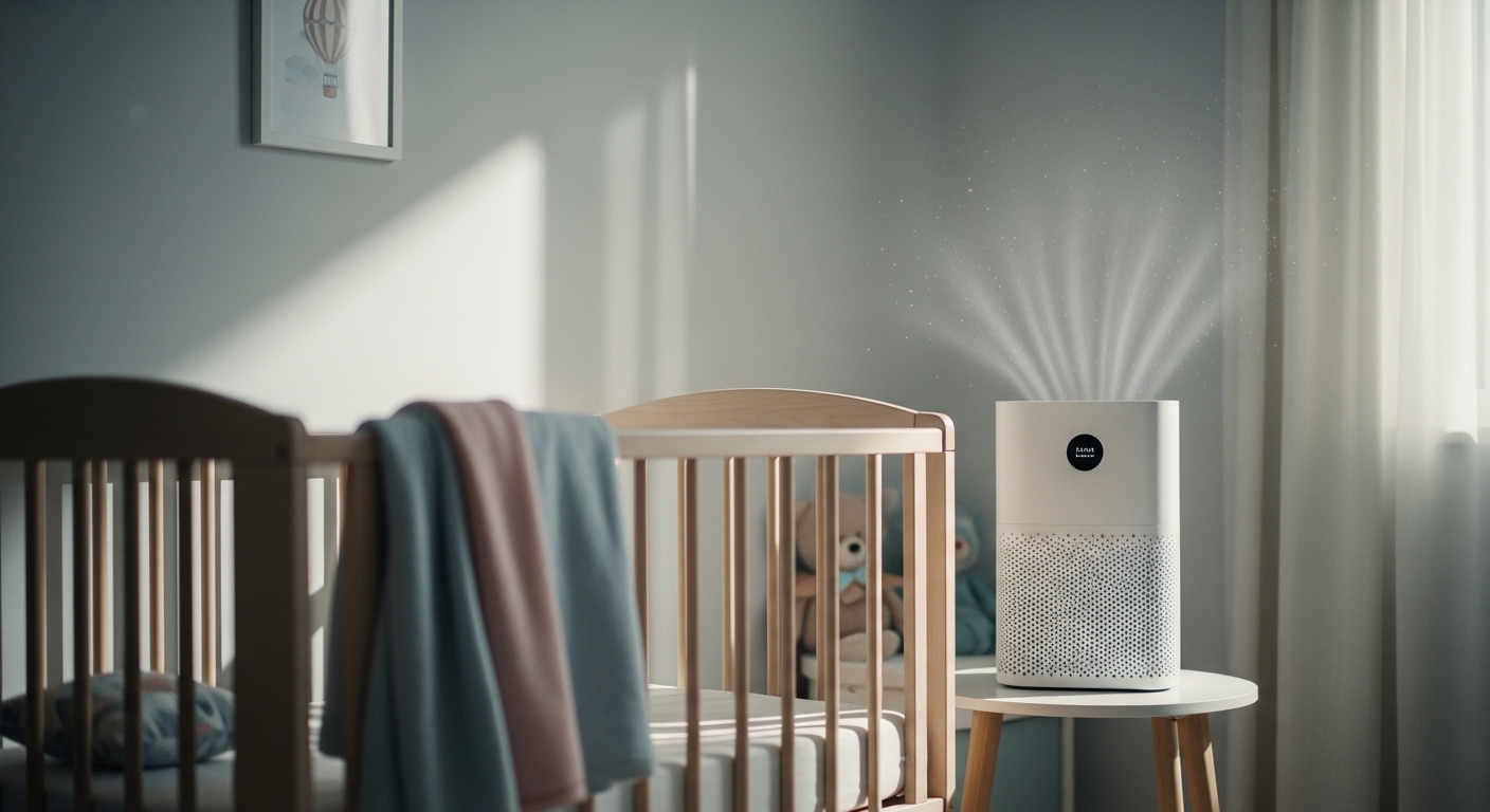 Máy lọc không khí êm ái, nhỏ gọn trong phòng ngủ trẻ em sáng sủa với ánh sáng tự nhiên, tạo không gian bình yên.