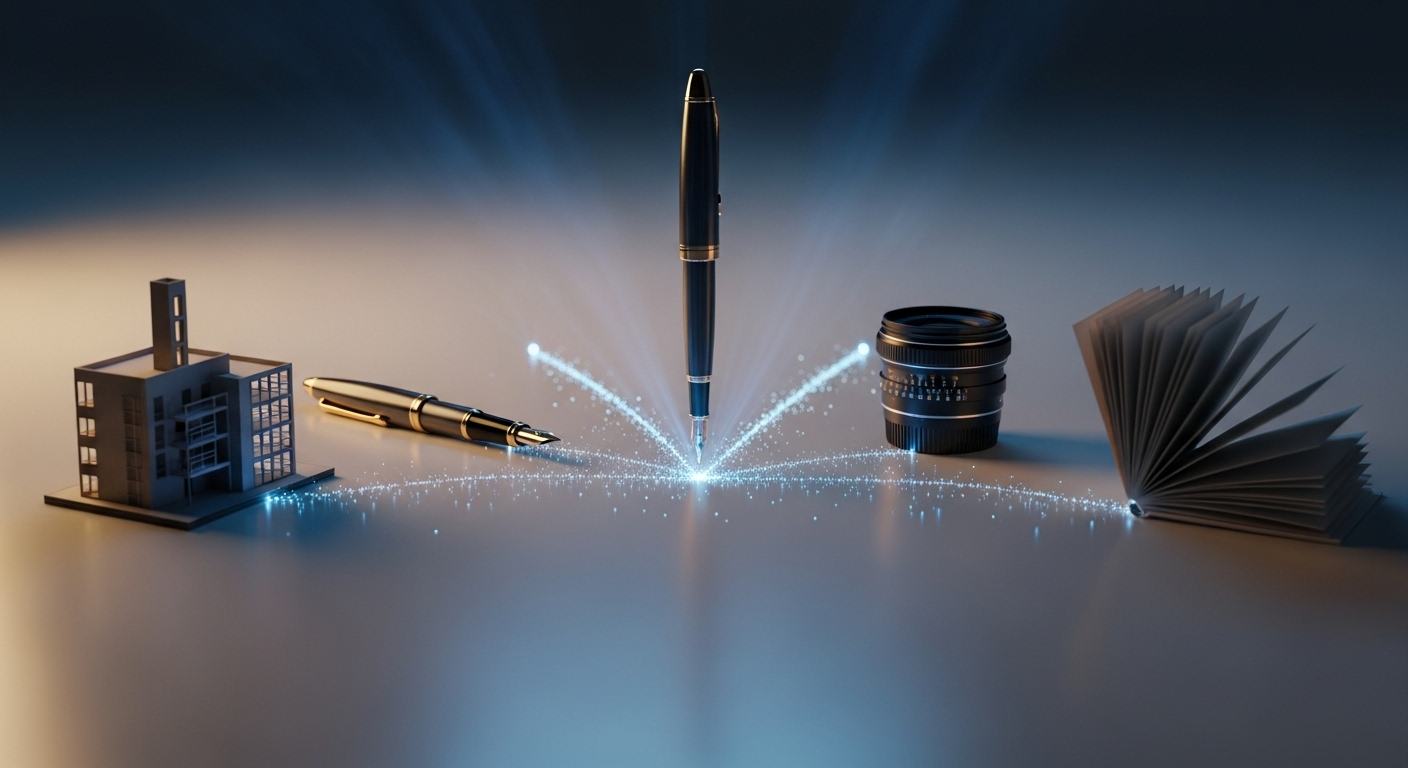 Các biểu tượng chuyên môn (mô hình kiến trúc, bút, ống kính máy ảnh, sách) liên kết bằng ánh sáng xanh, minh họa tiềm năng để kiếm tiền MMO từ chuyên môn đa dạng của bạn.