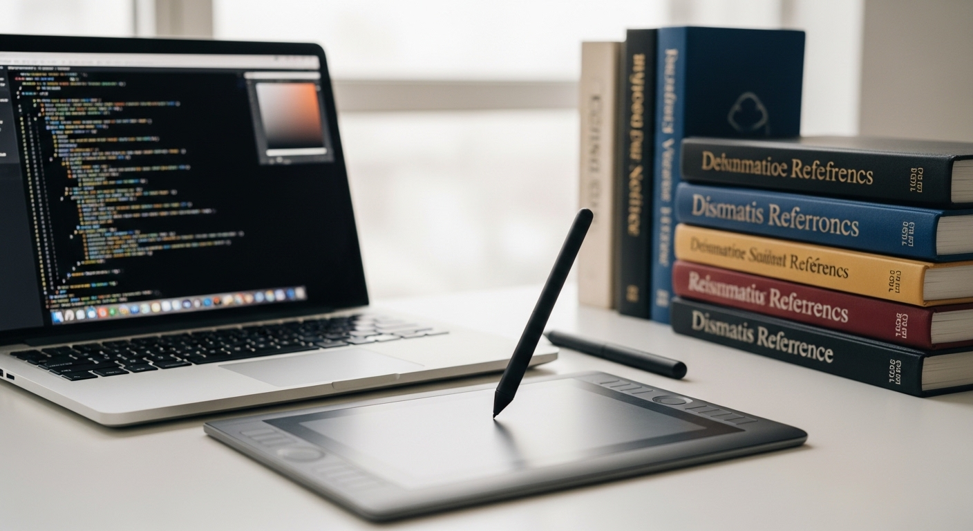 Không gian làm việc sáng tạo chuyên nghiệp gồm máy tính bảng đồ họa, laptop hiển thị code và sách tham khảo. Hình ảnh minh họa các công cụ và kỹ năng cần thiết cho những ai đang tìm hiểu MMO là gì.