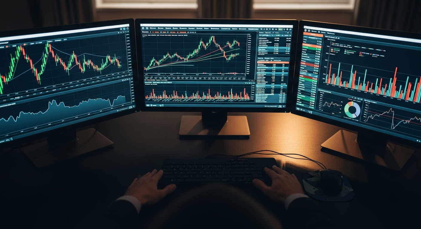 Bàn tay đặt nhẹ trên bàn làm việc chuyên nghiệp, trước nhiều màn hình hiển thị biểu đồ tài chính và dữ liệu thị trường, minh họa một khía cạnh của MMO là công việc gì.