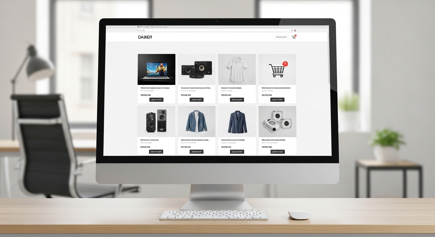 Màn hình máy tính hiển thị website thương mại điện tử chuyên nghiệp với sản phẩm và giỏ hàng, một ví dụ điển hình về kinh doanh online. Tìm hiểu MMO là gì để khám phá thêm các cơ hội kiếm tiền trực tuyến khác.