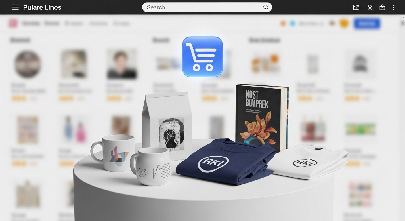 Sản phẩm đóng gói đẹp (cốc, áo, sách) trên bệ trắng, giỏ hàng số nổi, nền chợ online mờ. Một ví dụ về cách kiếm tiền online (MMO là gì) trong thương mại điện tử.