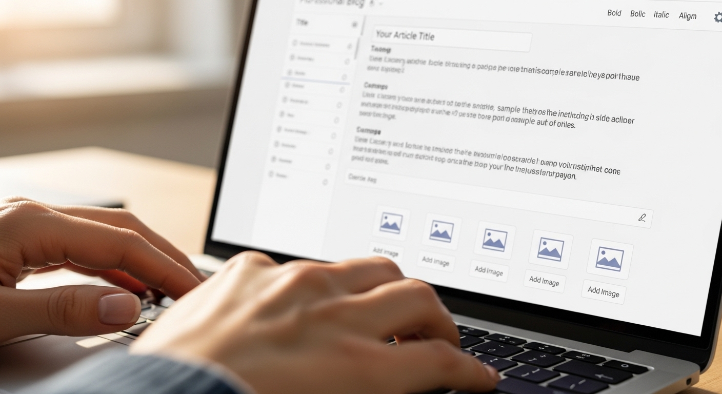 Cận cảnh đôi tay gõ phím trên màn hình laptop hiển thị giao diện soạn thảo blog chuyên nghiệp, có thể đang tạo nội dung hướng dẫn về MMO là gì.
