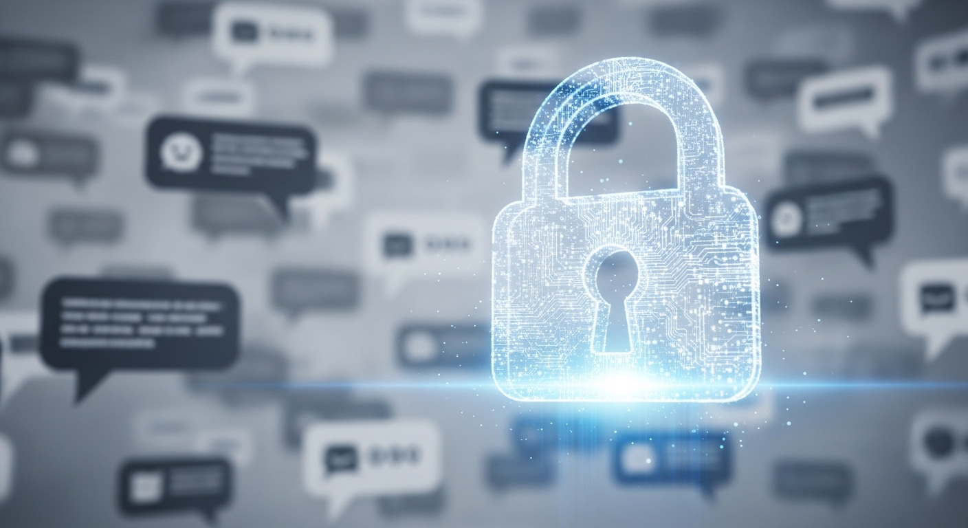 Biểu tượng ổ khóa kỹ thuật số phát sáng nổi bật trên nền các bong bóng chat mờ, thể hiện cài đặt bảo mật và quyền riêng tư quan trọng khi tạo nhóm Facebook hoặc quản lý nhóm trực tuyến.