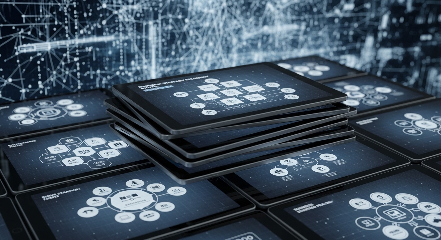 Các máy tính bảng kỹ thuật số xếp gọn gàng hiển thị sơ đồ và biểu đồ chiến lược kinh doanh rõ ràng, đối lập với luồng dữ liệu số hỗn loạn phía sau. Minh họa lý tưởng cho nội dung khóa học MMO chuyên nghiệp.