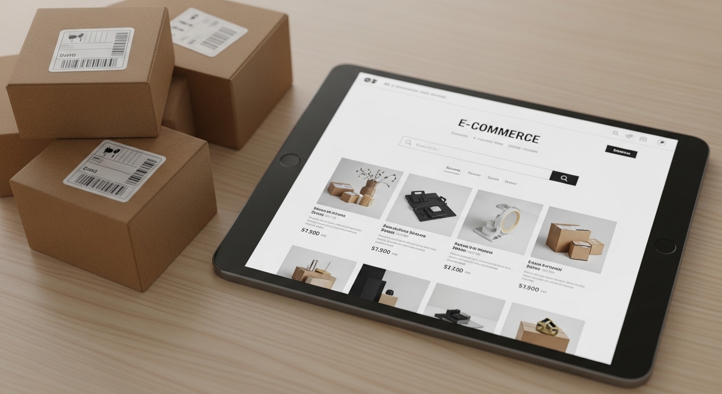 Màn hình máy tính bảng hiển thị trang web bán hàng online với sản phẩm, cùng các hộp hàng đóng gói trên bàn gỗ. Hình ảnh quen thuộc khi kiếm tiền MMO từ kinh doanh trực tuyến.