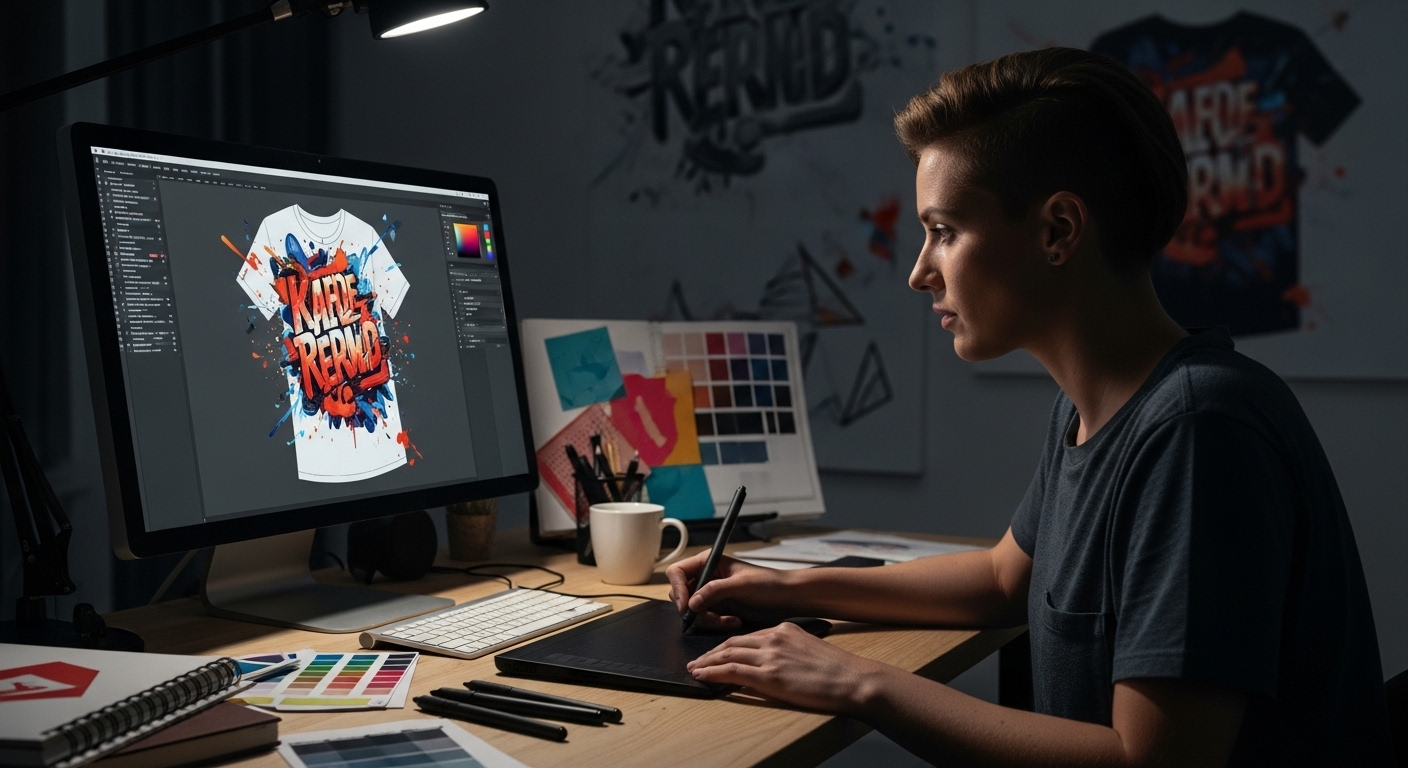 Nhà thiết kế đồ họa tập trung tạo mẫu áo thun kỹ thuật số trên máy tính và bảng vẽ, một cách hiệu quả để kiếm tiền online tại nhà không cần vốn.