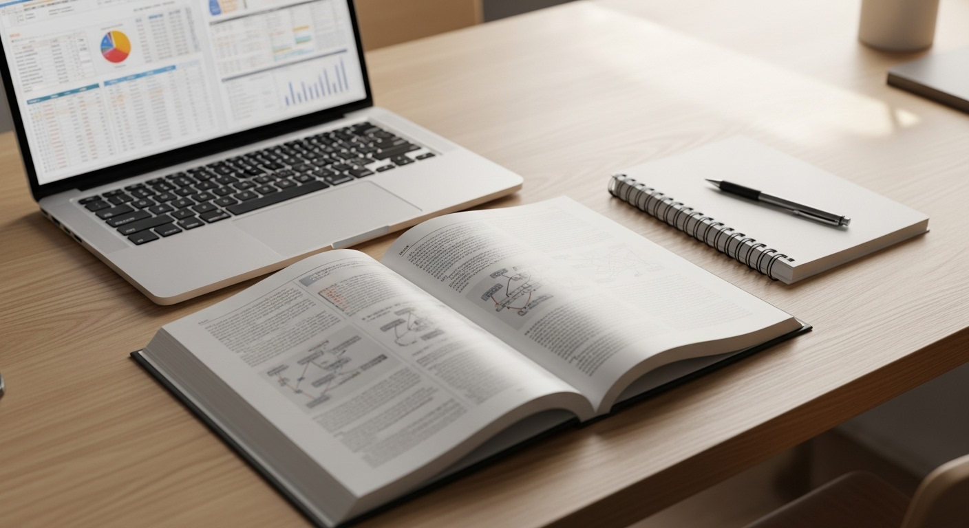 Bàn làm việc gỗ tối giản với laptop, sách và sổ tay, không gian lý tưởng cho việc học hỏi và phát triển các dự án kiếm tiền online MMO.