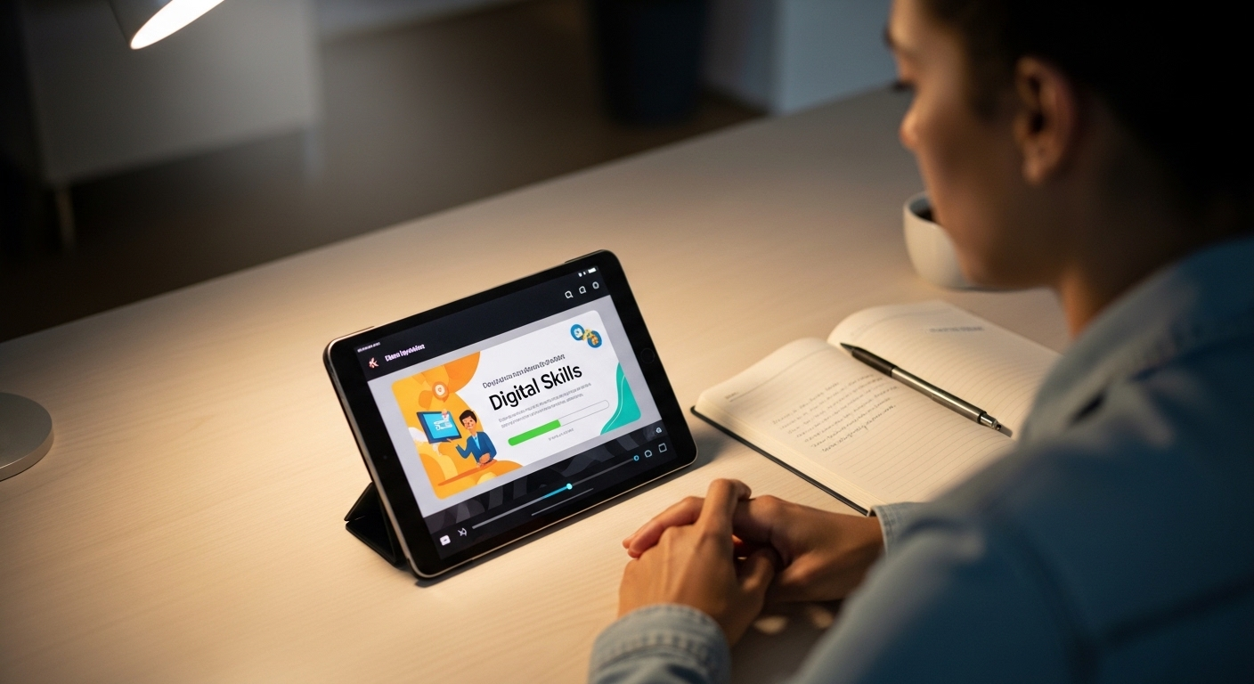 Học viên chăm chú xem video giáo dục trên tablet, tiếp thu kỹ năng số và tìm hiểu MMO là gì để khai thác cơ hội trực tuyến.