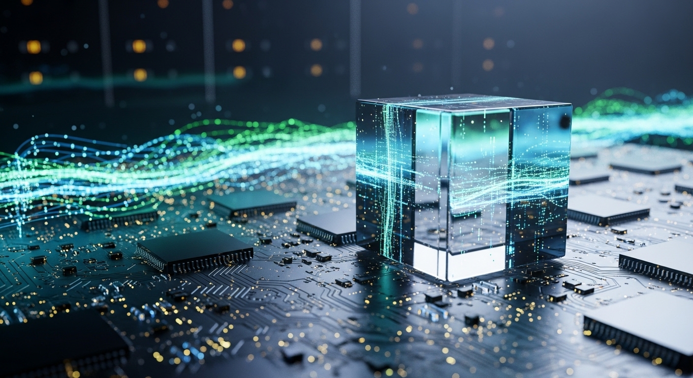 Bảng mạch điện tử phát sáng phức tạp với dòng dữ liệu số và khối AI trong suốt, minh họa thế giới công nghệ cao nền tảng cho khóa học MMO.