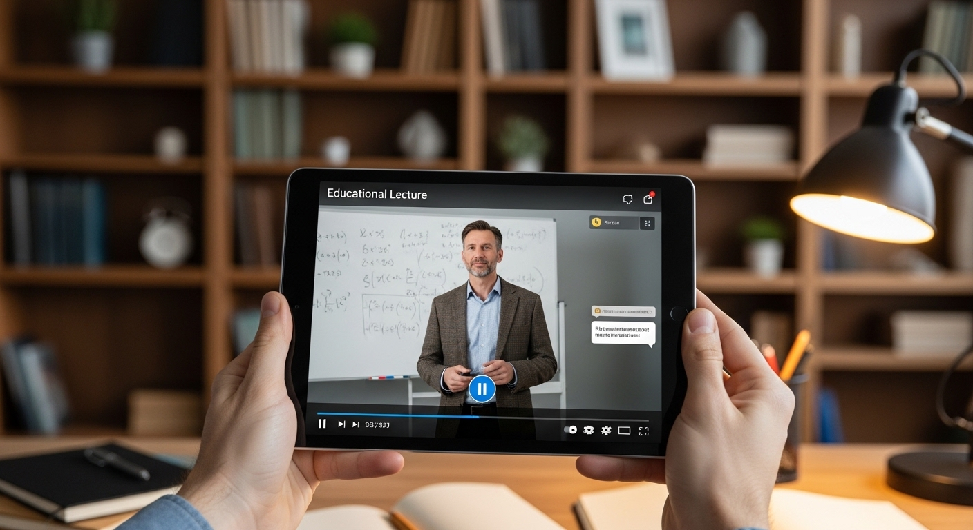 Bàn tay đang cầm máy tính bảng hiển thị video bài giảng về cách làm MMO trong không gian phòng học có giá sách, thể hiện sự tập trung vào học tập kỹ thuật số.