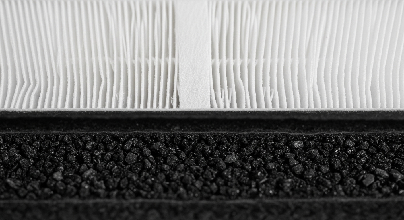 Cận cảnh chi tiết các lớp màng lọc HEPA trắng và than hoạt tính đen xếp chồng bên trong máy lọc không khí.