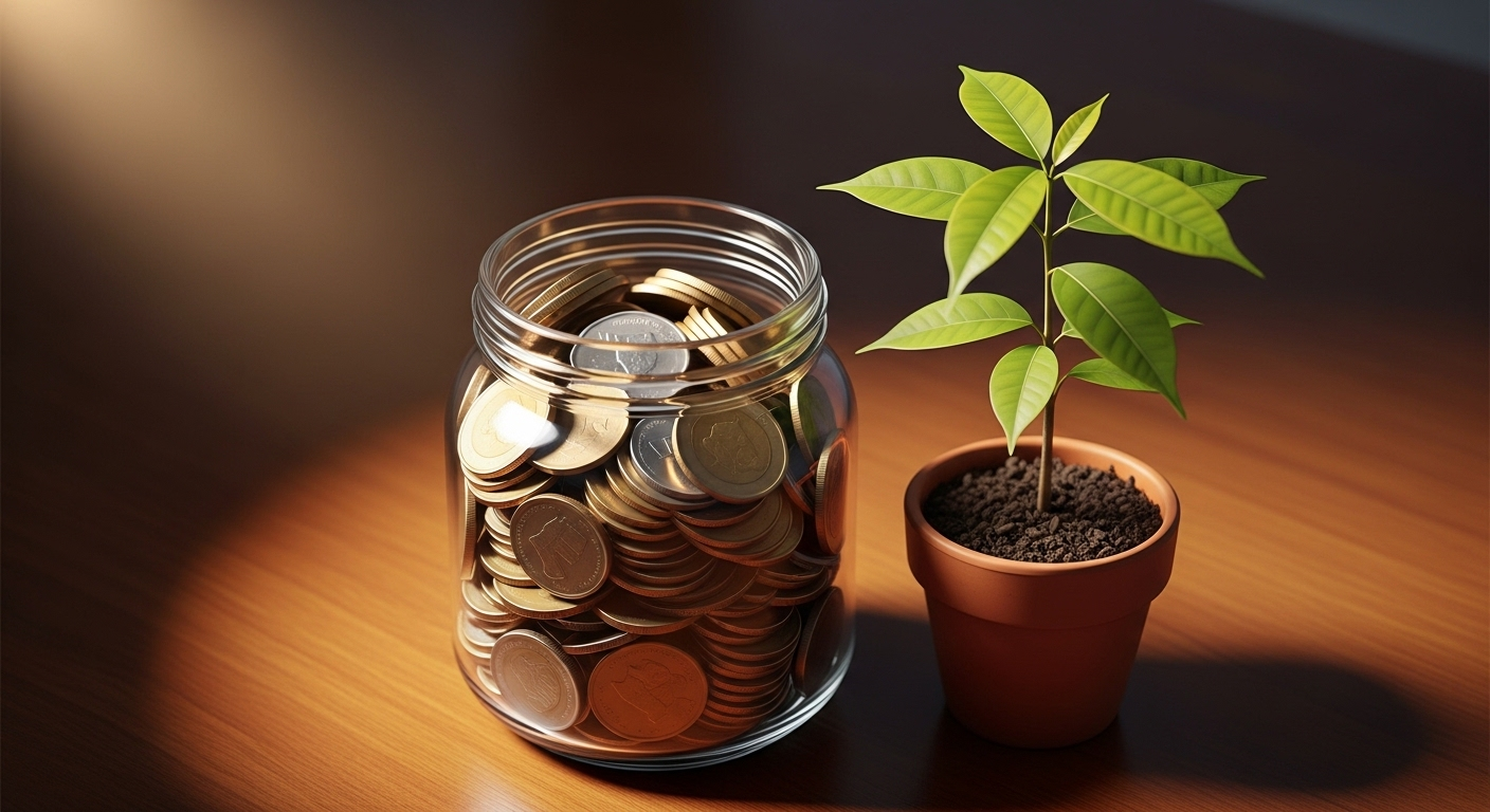 Hũ tiền xu vàng bạc đầy dần cùng cây non xanh tươi, biểu tượng cho sự phát triển bền vững trong hành trình kiếm tiền MMO.