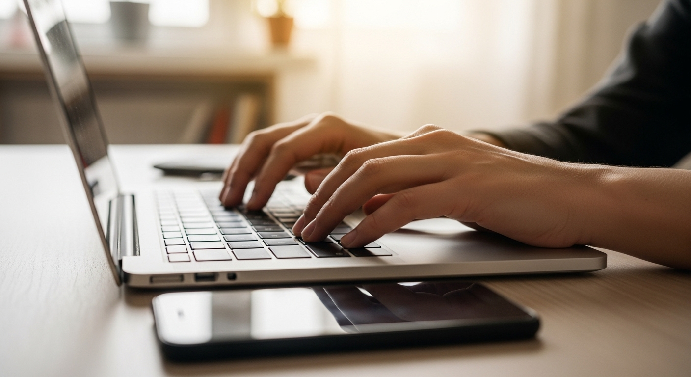 Cận cảnh tay gõ laptop và điện thoại trên bàn làm việc tại nhà, các công cụ thiết yếu để kiếm tiền online.