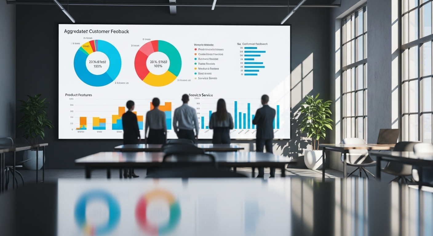 Màn hình lớn trong không gian làm việc hiện đại hiển thị biểu đồ phân tích phản hồi khách hàng chi tiết, được tổng hợp từ nhiều nguồn dữ liệu, bao gồm cả những hiểu biết từ cách lọc comment trên Facebook hiệu quả để cải thiện sản phẩm và dịch vụ.