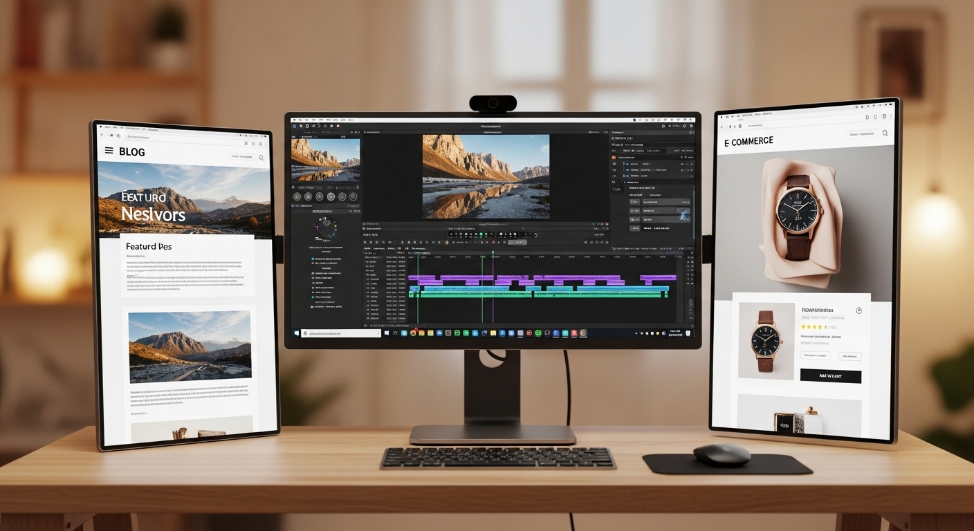 Thiết lập bàn làm việc số gọn gàng với ba màn hình hiển thị blog, trang TMĐT và chỉnh sửa video, minh họa các hoạt động điển hình của MMO là gì.