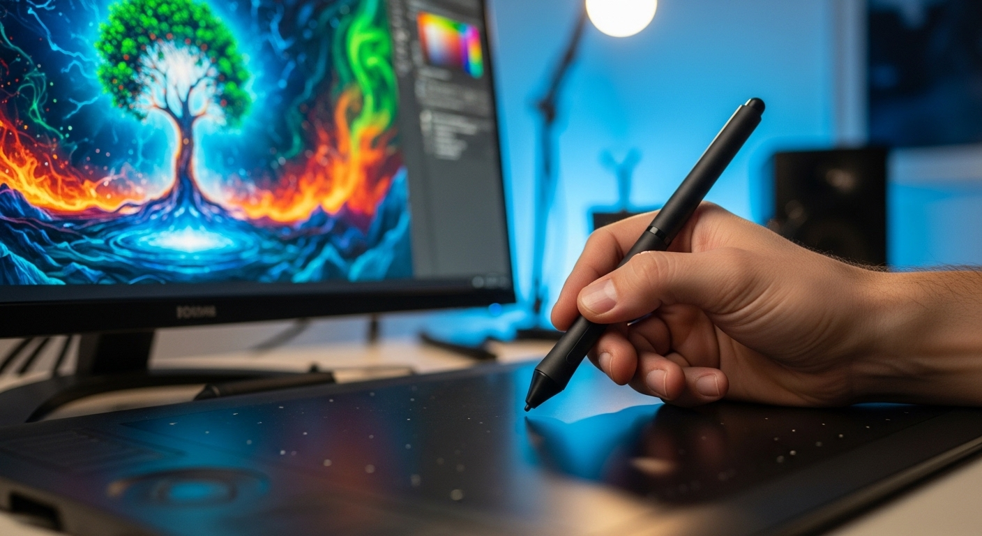 Bàn tay nhà thiết kế dùng bút stylus trên bảng vẽ kỹ thuật số, tạo đồ họa màu sắc rực rỡ hiển thị trên màn hình lớn – một cách tuyệt vời để kiếm tiền online không cần vốn từ kỹ năng sáng tạo.