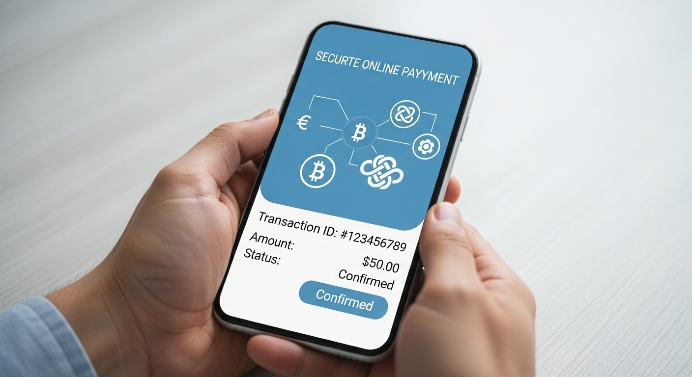 Màn hình điện thoại hiển thị xác nhận thanh toán kỹ thuật số an toàn với các biểu tượng tiền tệ, minh họa giao dịch bảo mật, giúp người dùng tìm hiểu MMO là gì.