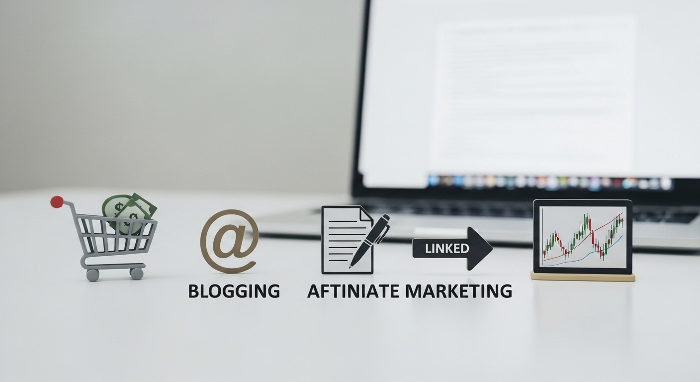 Hình ảnh tối giản về các phương pháp kiếm tiền online như thương mại điện tử (giỏ hàng), viết blog (bút), tiếp thị liên kết (mũi tên) và đầu tư chứng khoán (biểu đồ), giúp người xem dễ dàng tìm hiểu MMO là gì và các lựa chọn thu nhập trực tuyến. Bố cục gọn gàng trên bàn trắng với laptop ở nền. Hình ảnh tối giản về các phương pháp kiếm tiền online như thương mại điện tử (giỏ hàng), viết blog (bút), tiếp thị liên kết (mũi tên) và đầu tư chứng khoán (biểu đồ), giúp người xem dễ dàng tìm hiểu MMO là gì và các lựa chọn thu nhập trực tuyến. Bố cục gọn gàng trên bàn trắng với laptop ở nền.