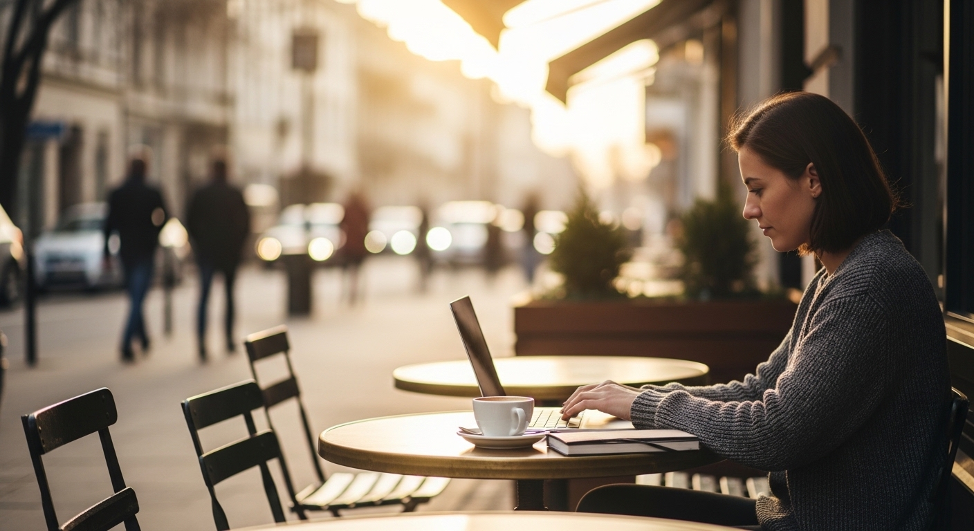 Một người đang thư thái làm việc trên laptop tại quán cà phê ngoài trời, với cốc cà phê ấm và khung cảnh phố thị mờ ảo. Hình ảnh này thể hiện rõ cách kiếm tiền online không cần vốn và lối sống làm việc linh hoạt.