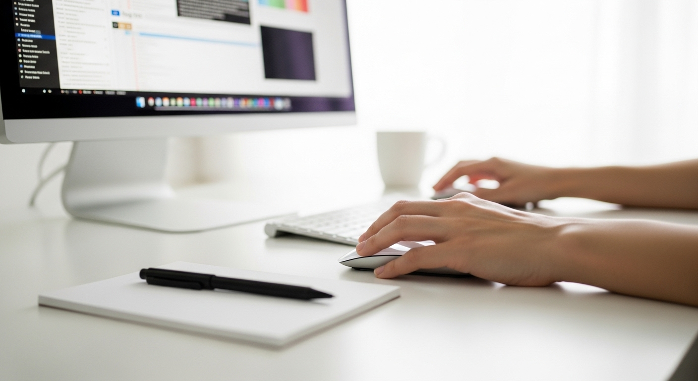 Tay người dùng chuột trên bàn trắng, màn hình máy tính hiển thị trình chỉnh sửa blog, minh họa cách kiếm tiền online tại nhà.