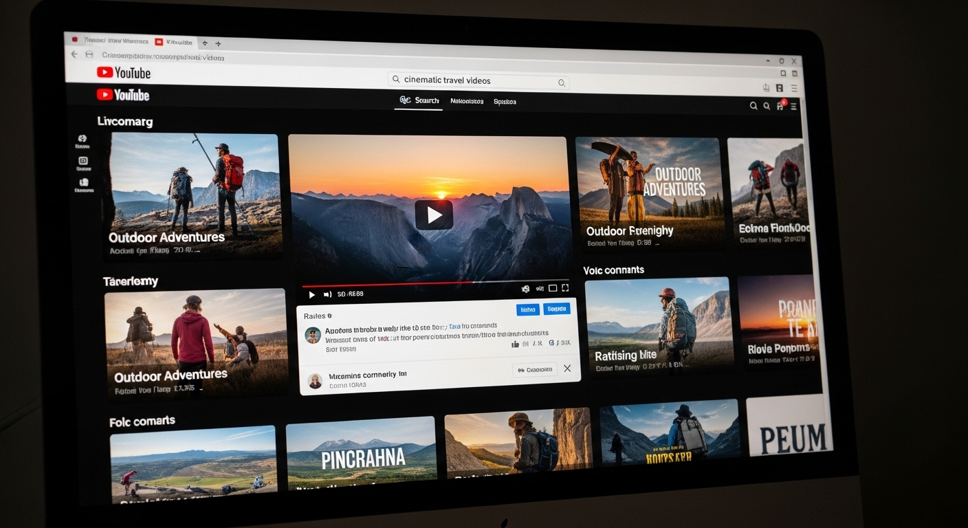 Màn hình máy tính hiển thị trang kết quả tìm kiếm YouTube với các video hướng dẫn, thumbnail rõ nét và phần bình luận sôi nổi, lý tưởng cho người muốn học làm Youtube cho người mới bắt đầu.