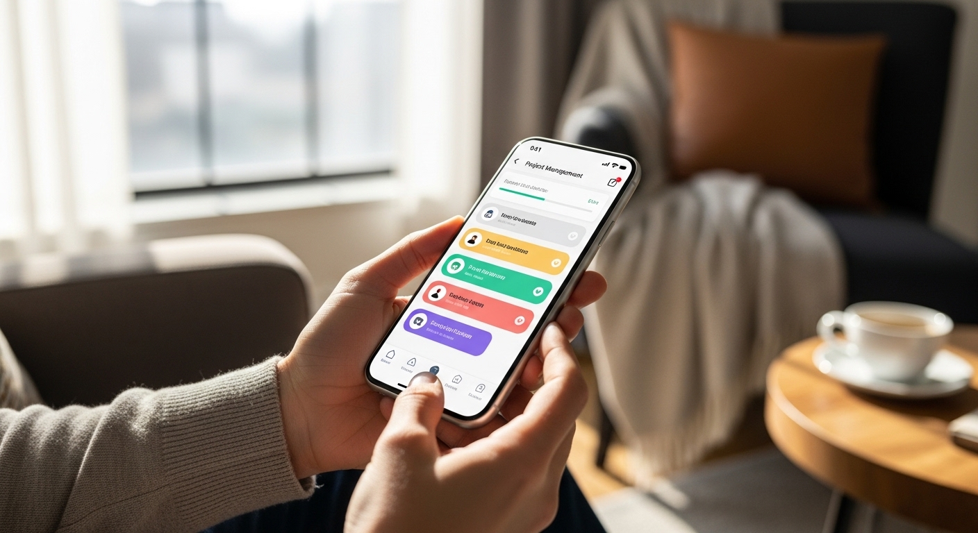 Tay người cầm smartphone hiển thị ứng dụng kiếm tiền, ngồi thư giãn tại nhà bên cửa sổ, minh họa cách kiếm tiền online tại nhà không cần vốn linh hoạt.