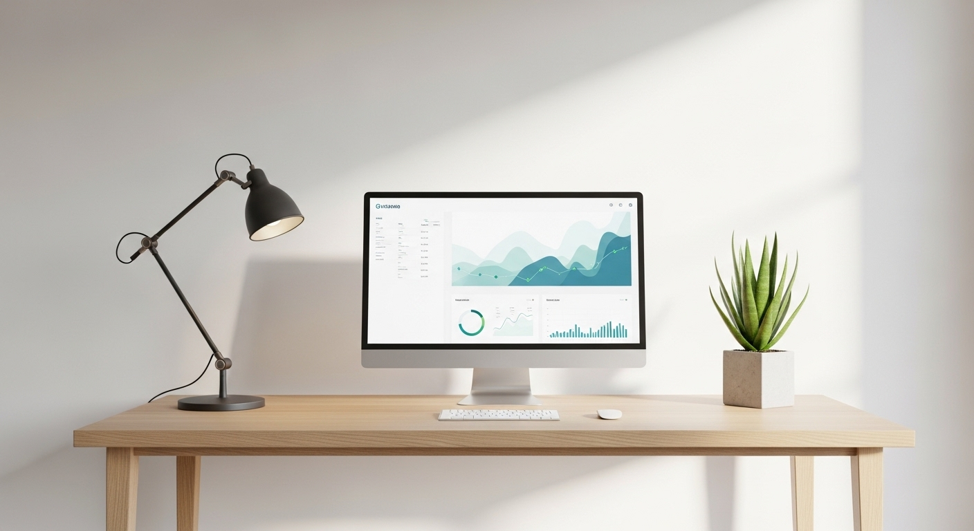 Góc làm việc hiện đại, tối giản với màn hình hiển thị biểu đồ tăng trưởng và cây sen đá, không gian lý tưởng cho những cách kiếm tiền tại nhà thành công.